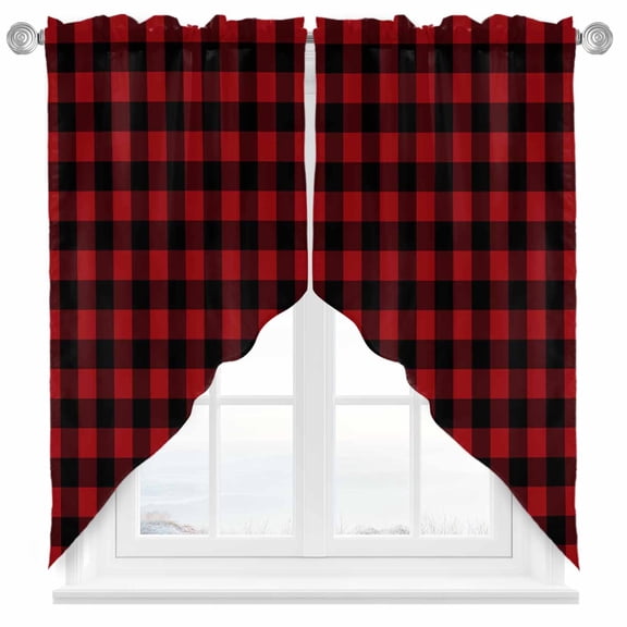 Rustic Red Swag Valances for Windows 2 Pack and Black Buffalo Plaid Swag Kitchen Curtains 45 Inches Long Rod Pocket Short Window Treatment for Kitchen Bathroom 36"x45"