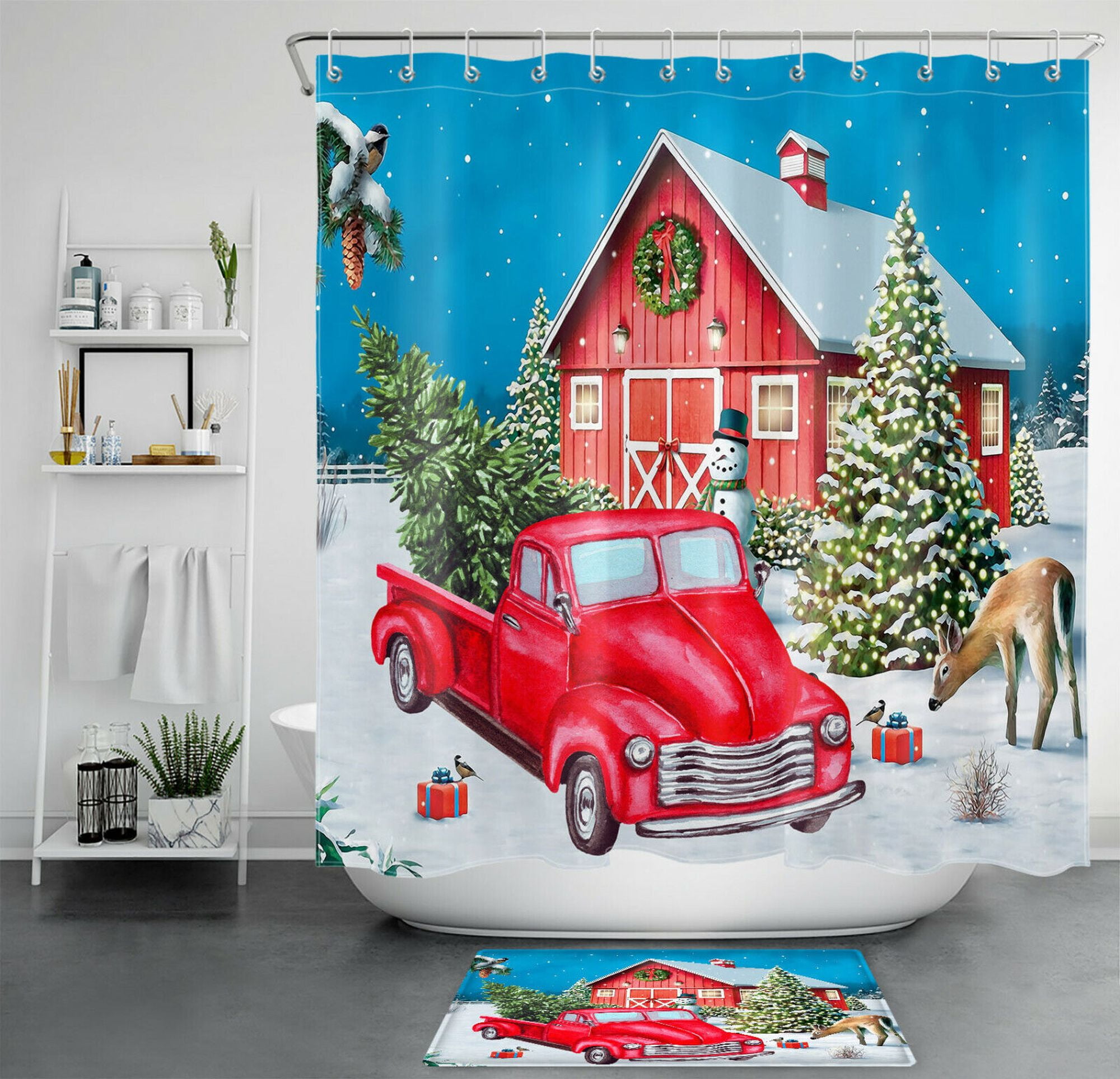 Rustic Red Truck Christmas Shower Curtain Farmhouse Holiday Bathroom Decor