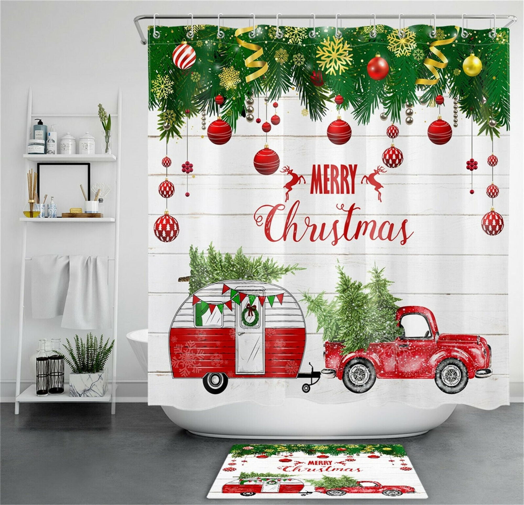 Rustic Red Truck Christmas Shower Curtain Vintage Charm with Festive