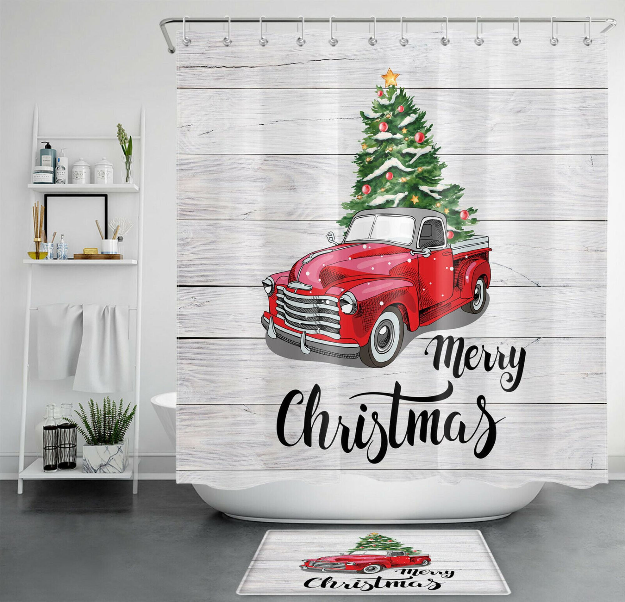 Rustic Red Truck Holiday Bathroom Decor Set with Wooden Plank Shower ...