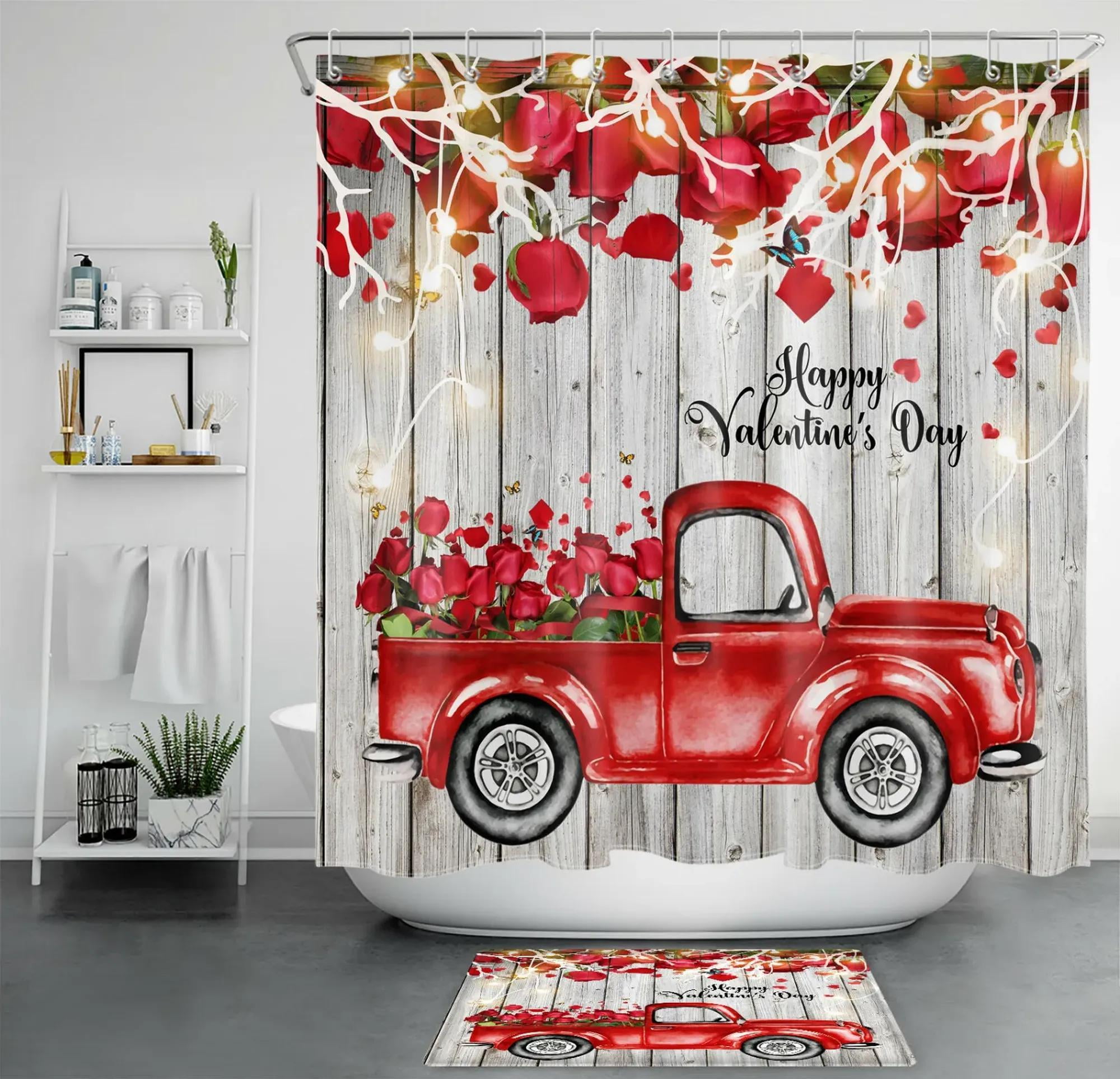Rustic Red Truck Shower Curtain Set for Valentine's Day Bathroom Decor
