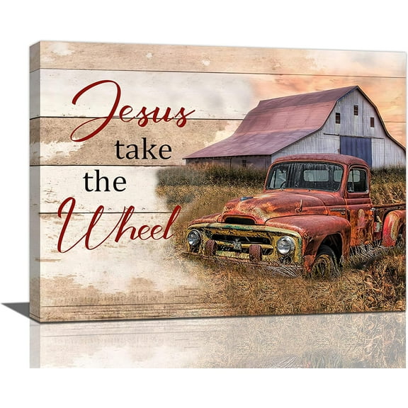 Rustic Red Truck Wall Art Old Car Painting Country Vintage Barn Pictures Decor Farmhouse Canvas Prints Framed Artwork for Dining Room Kitchen Bathroom Bedroom Living 16''x12''