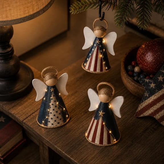 Rustic Red, White & Blue Angel Ornament with Warm LED Lights, Farmhouse Wood Figurine for Patriotic Home Decoration and Seasonal Holidays