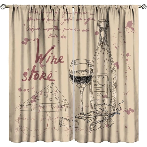 Rustic Red Wine Blackout Curtains, Vintage Farmhouse Grape Glass Leaves Art Window Drapes, for Living Room Bedroom Kitchen 52" W X 84" L