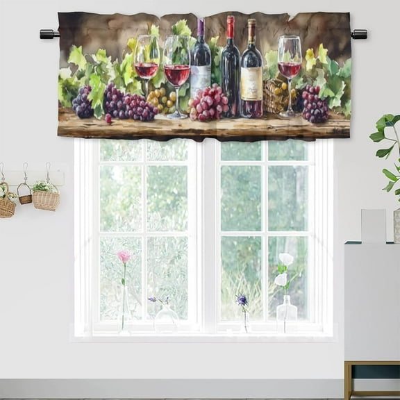 Rustic Red Wine, Kitchen Valances for Windows Vintage Farmhouse Grape Glass Leaves Fruit Rod Pocket Valance Curtain 54x18inch(1Pcs)