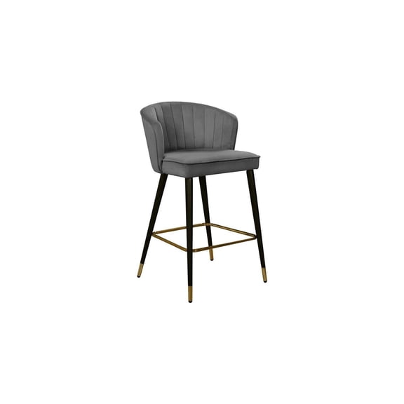 Rustic Refinement Modern, Contemporary Velvet Upholstered Counter Height Stool with Channel Tufting and Gold Tipped, Black Metal Legs, Grey, 20" W x 21" D x 36.5" H