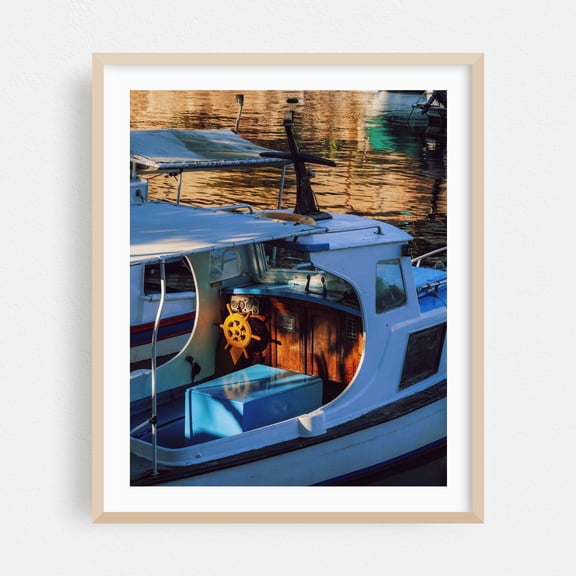 Rustic Reflections - Piraeus Greece Photography Boat Nautical Harbor Seascape Vintage Coastal Maritime Oak Framed Wall Art Print 6 x 8 inches