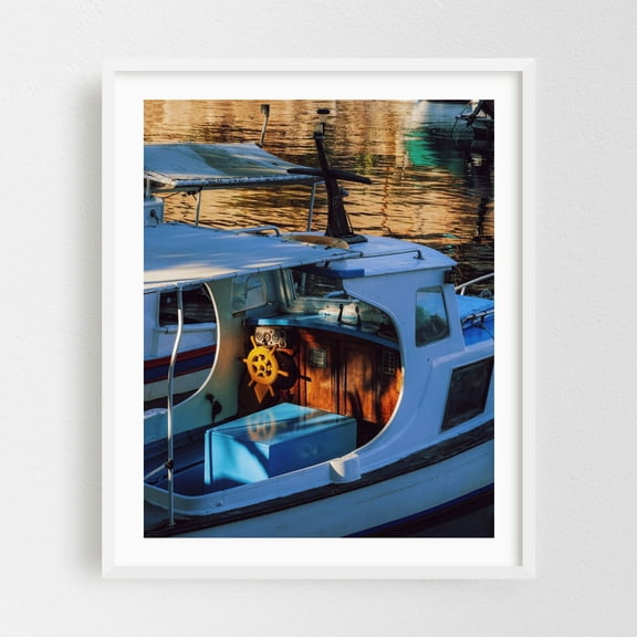 Rustic Reflections - Piraeus Greece Photography Boat Nautical Harbor Seascape Vintage Coastal Maritime White Framed Wall Art Print 12 x 16 inches