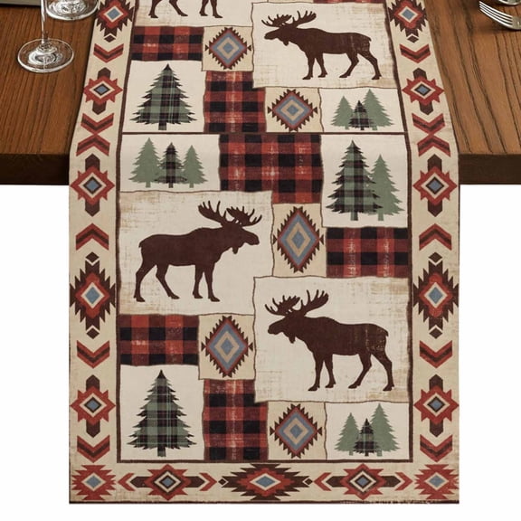 Rustic Reindeer Burlap Cotton Table Runner 13x90 Inches Long, Vintage Tribal Plaid Pine Tree Red Ethnic Farmhouse Table Runners, Outdoor Dining Table Decor for Baby Shower/Party/Wedding