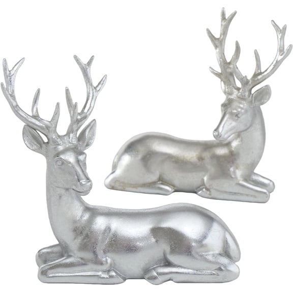 Rustic Reindeer Figurines, Set of 2, Handmade, Cast Resin, Silver Finish, Recumbent Poses, 6 Inches