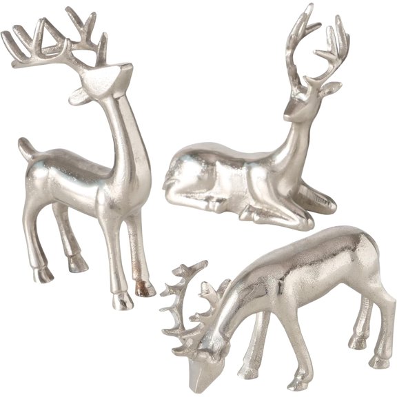 Rustic Reindeer Figurines, Set of 3, Handmade, Cast Silver Aluminum, 8.75 Inches