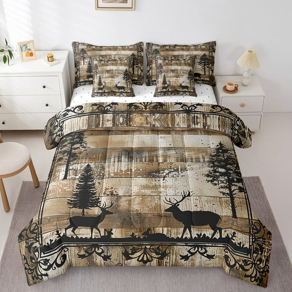 Rustic Reindeer Queen Comforter Set,7 Pieces Pine Trees Moose Retro Cabin Comforters Queen Bed in a Bag Woodland Wildlife Deer Hunting Bedding Comforter Sets with Comforter,Sheets,Pillowcases