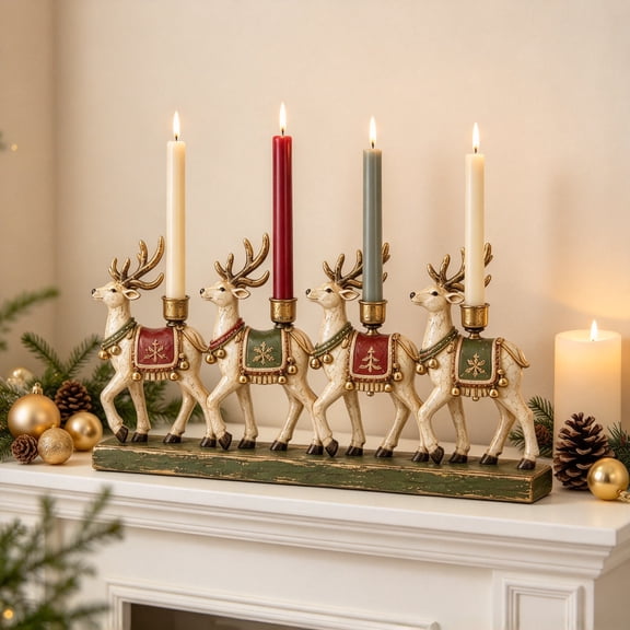 Rustic Reindeer Taper Candle Holder, 4 Deer Figurine Candelabra, Vintage Farmhouse White Gold Ornament for Christmas Dining Table Centerpiece Reindeer Tabletop Decor