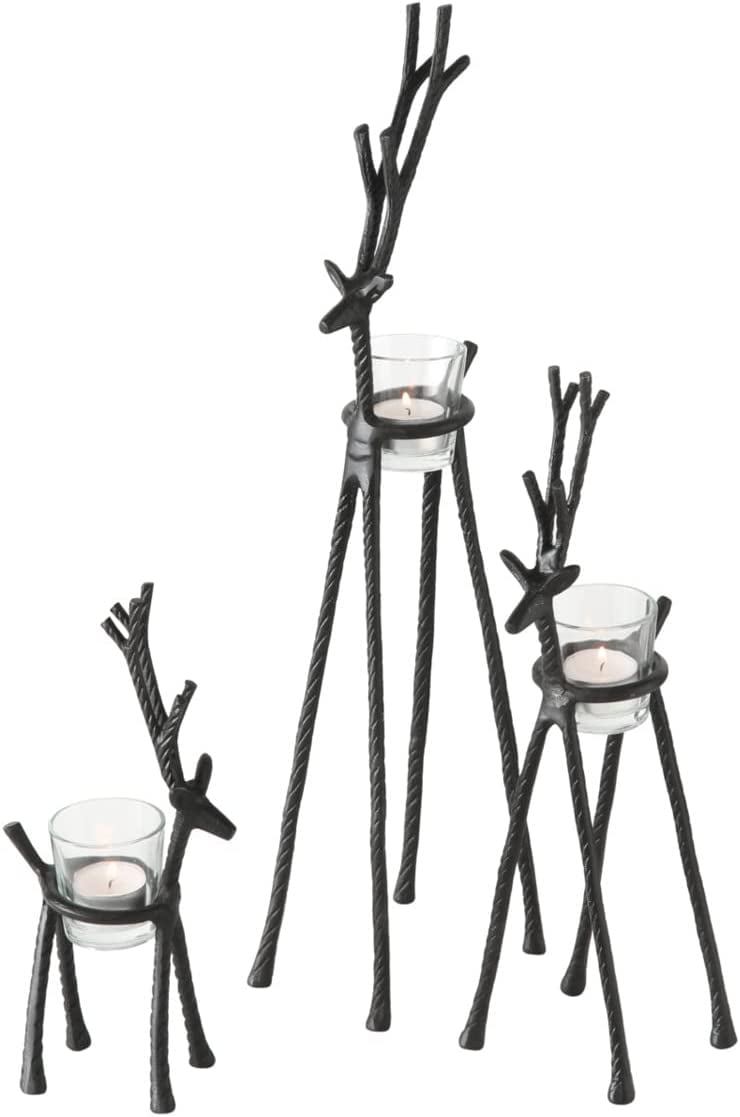 Handmade Black Aluminum Reindeer Votive Candle Holders Set with Glass Cups