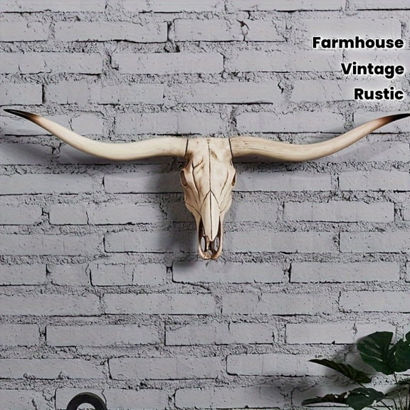 Rustic Resin Longhorn Skull Wall Hanging - Handcrafted Artificial Cow Head Decor, Vintage Farmhouse Style, Ideal for Christmas Gift & Home Decoration, Cow Decor
