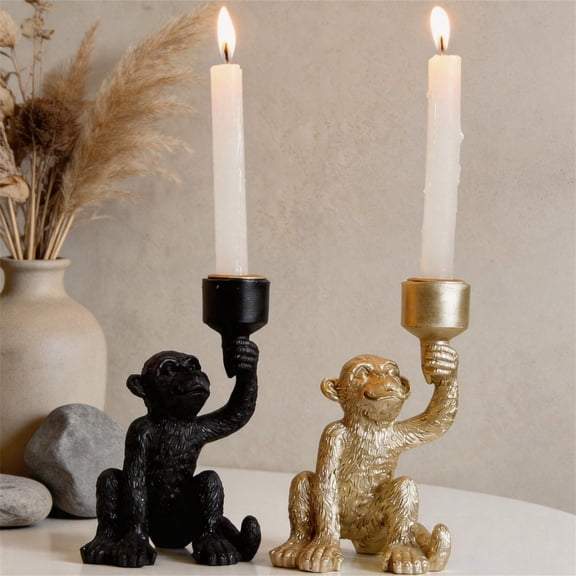 Rustic Resin Monkey Shaped Candlestick Holder, Hand Raised Design Long Candle Table Stand, Decorative Ornament for Home Living Room Dining Area Holiday Party Dinner Table Decor, Black