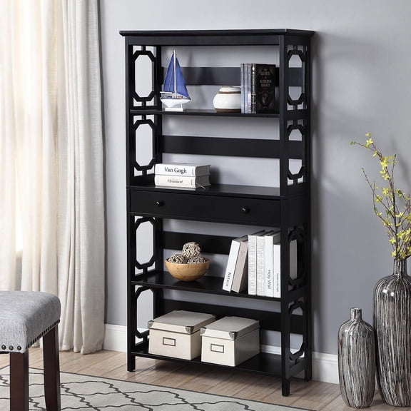 Rustic Retreat 5-Tier Bookcase, Black, Modern Storage with Drawer, Spacious & Sturdy Shelving for Books & Decor, Wood & Particleboard Build, Easy Assembly