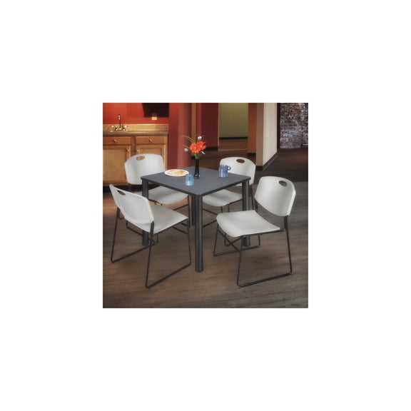 Rustic Retreat Grey and Black Square Breakroom Table with 4 Grey Zeng Stack Chairs Enhancing Workplace Warmth with Neutral Styling