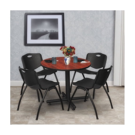 Rustic Retreat Round Breakroom Table in Cherry Finish with 4 Black 'M' Stack Chairs Offering Cozy Rustic Style and Comfortable Seating Solutions