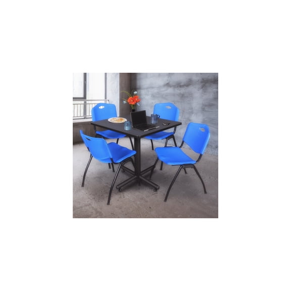 Rustic Retreat Square Breakroom Table in Grey Finish with 4 Blue 'M' Stack Chairs Featuring Cozy Rustic Aesthetic and Comfortable Seating