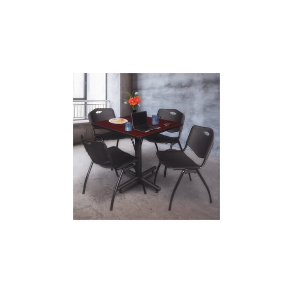 Rustic Retreat Square Breakroom Table in Mahogany Finish with 4 Black 'M' Stack Chairs Offering Rich Rustic Style and Durable Seating Comfort