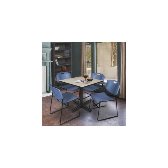 Rustic Retreat Square Breakroom Table in Maple Finish with 4 Blue Stack Chairs Featuring Warm Rustic Appeal and Practical Office Seating