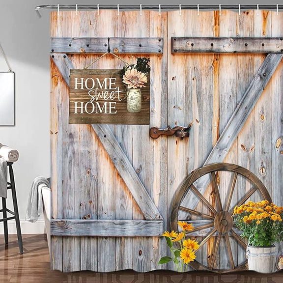 Rustic Retro Barn Door Shower Curtain, Western Farmhouse Countryside Wooden Cabin Bath Curtain Sets for Bathroom,Fabric Vintage Yellow Flowers Decor Curtains with Hooks 72X72 in