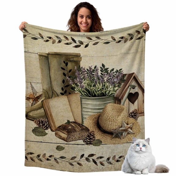 Rustic Retro Book Boot Cap Throw Blanket Flannel Fleece Throws, Vintage Farmhouse Wood Board Lightweight Super Soft Warm Blankets for Couch Sofa Bed All Season Use, 40x50 in