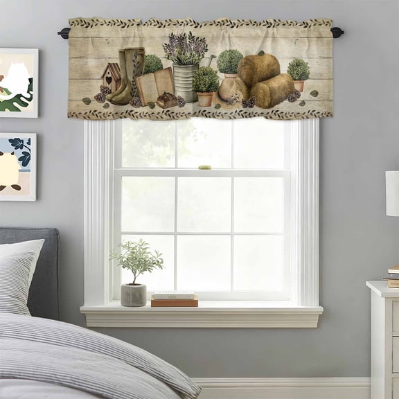 Rustic Retro Book Boot Cap Valances for Windows,Rod Pocket Valance for Kitchen Bedroom Bathroom Living Room,Vintage Wood Board Window Valance Curtain Home Decor Short Curtains 42x12in