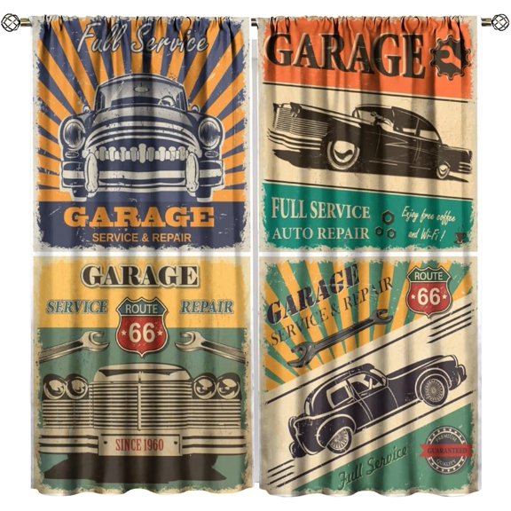 Rustic Retro Car 1950s Window Curtains, Vintage Car Signs Automobile Print Window Drapes, for Living Room Bedroom 84" W X 84" L