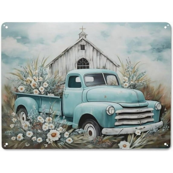 Rustic Retro Metal Tin Sign Farmhouse Truck Wall Art Old Barn Cross Daisy Wall Decor Christian Jesus Quotes Country Wall Art Home Parlor Garden Courtyard Wall Decor 8x12 Inch