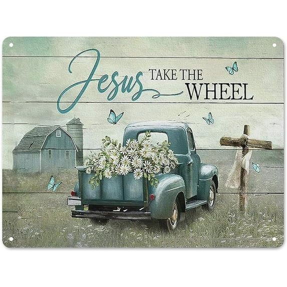 Rustic Retro Metal Tin Sign Farmhouse Truck Wall Art Old Barn Cross Daisy Wall Decor Christian Jesus Quotes Country Wall Art Home Parlor Garden Courtyard Wall Decor 8x12 Inch