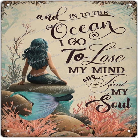 Rustic Retro Metal Tin Sign and to The Ocean Mermaid Wall Art Vintage Tin Sign for Home Cafe Store Club Bedroom Bathroom Bar Novelty Parlor Courtyard Farmhouse Wall Decor 12x12 Inch