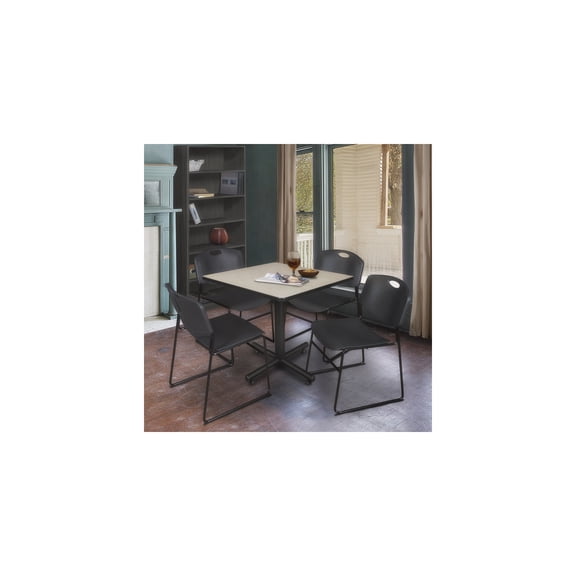 Rustic Revival Square Breakroom Table in Maple Finish with 4 Black Stack Chairs Providing Timeless Rustic Style and Durable Seating Comfort
