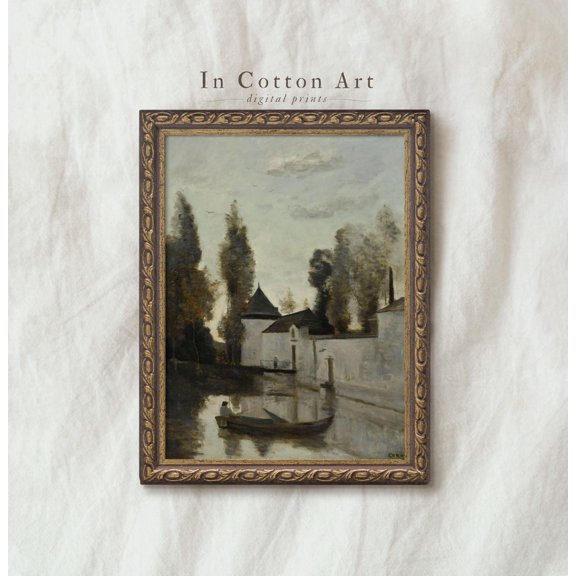 Rustic River Landscape Art Neutral Vintage Village Print, Unframed Paper Poster 11x14in