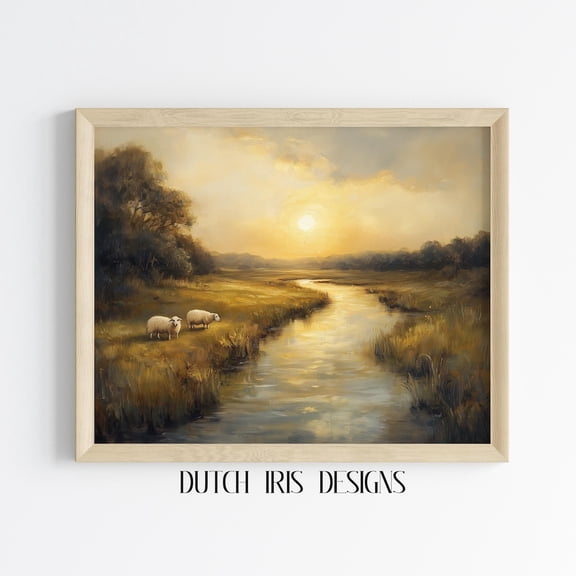 Rustic River Landscape With Sheep At Sunset, Vintage Nature Scene, Wall Art Decor, Inspired By Constable, 376 Home Decor #1367, Unframed Canvas Size 12x18