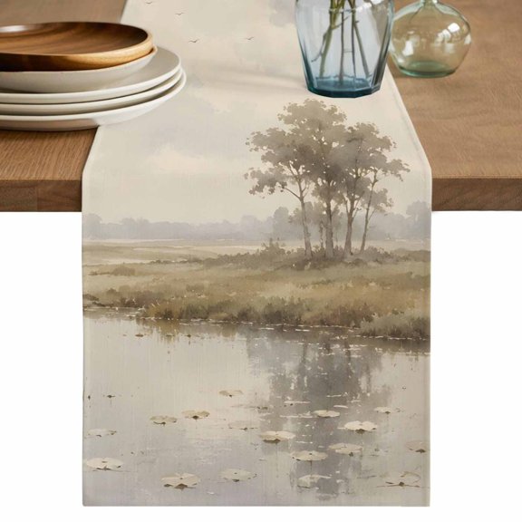 Rustic River Stream Table Runner, Country Field Plants Pastoral Landscape Washable Cotton Linen Table Runners 36 Inches Long, Dresser Scarf Runner for Nightstand/End Tables/Round Tables 13''x36''
