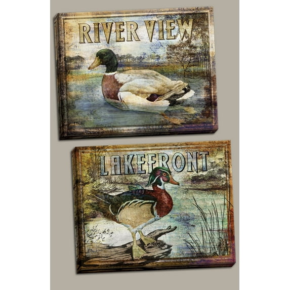 Rustic River View and Lakefront Duck Mallard Sign; Cabin Lodge Décor; Two 10x8in Stretched Canvases; Ready to hang!