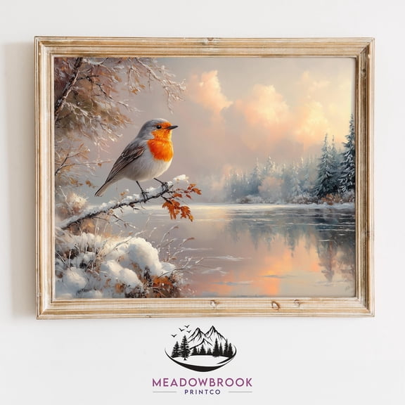 Rustic Robins Egg Nest Cottagecore Spring Decor Print Robin Bird On Maple Branch Snowy Winter Nature Poster, UNFRAMED Size 16x16