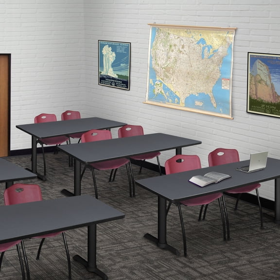 Rustic Romance 24" Grey Training Table with 2 Burgundy 'M' Stack Chairs Combines Cozy Ambiance with Durable Seating for Quiet Study