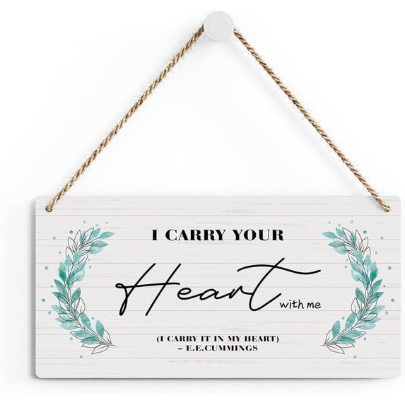 Rustic Romantic Quote Wood Decor Sign, I Carry Your Heart with Me Printed Wood Sign Wall Art, Hanging Door Sign, Decorative Wood Sign Home Decor 10x5 Inch