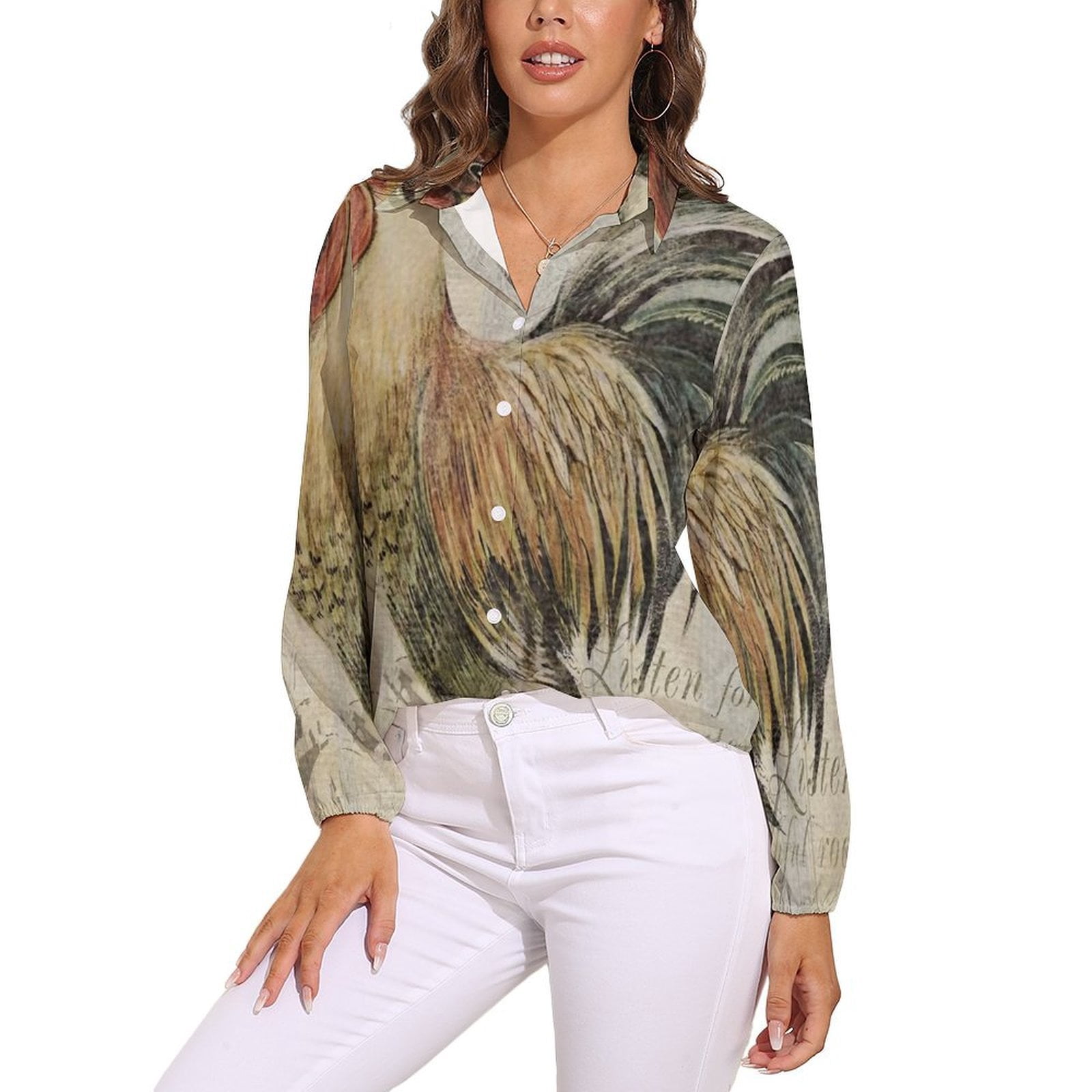 Rustic Rooster Art Print Vntage Casual Long Sleeve Shirt Blouse Woman ...