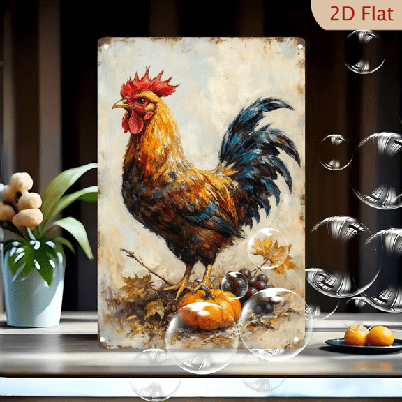 Rustic Rooster Autumn Harvest 8x12 Inch Metal Wall Art, Vintage Farmhouse Decor with Pumpkin and Grapes on Weathered Canvas Background