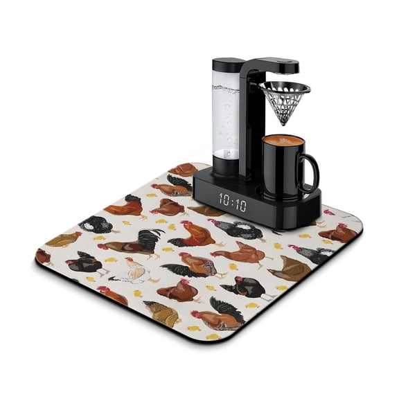 Rustic Rooster Coffee Bar Mat - Absorbent Counter Mat with Chick and Wildflowers