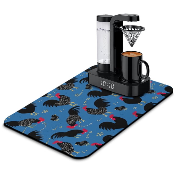 Rustic Rooster Coffee Bar Mat - Absorbent Counter Mat with Chick and Wildflowers