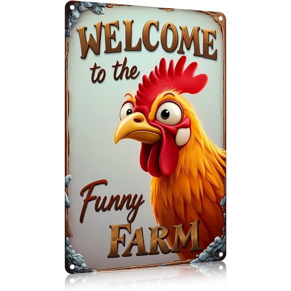Rustic Rooster Farmhouse Wall Dcor Welcome to the Funny Farm Metal Tin Sign 8 x 12 Inch for Home or Chicken Coop