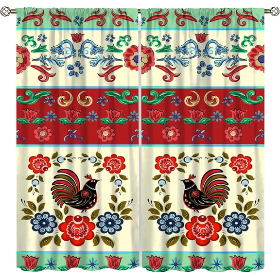Rustic Rooster Floral Curtains, Bohemian Folk Art Printed Kitchen Window Treatments for Living Room Bedroom Farmhouse Decor, Traditional Polish Colorful Farm Animal Drapes 2 Panel Sets,42x63 Inch