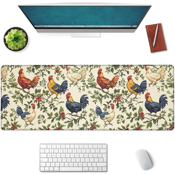 Rustic Rooster and Hen Large Mouse Pad, Gaming Mouse Pad, Non-Slip Rubber Base, Office Accessories, Desk Mat, Farm MousePads for School, Work, Home Decor Gifts 31.5" x 11.8"