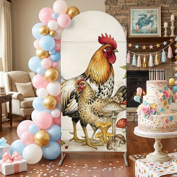 Rustic Rooster Hens Arch Backdrop Covers 5 FT, Farmhouse Animal Mushroom Country Stretchy Fitted Arched Stand Covers Party Arch Stand Cover Photo Booth for Wedding Birthday Decor