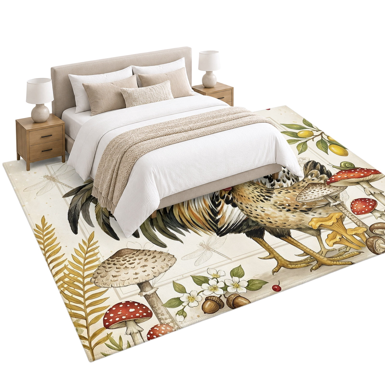 Rustic Rooster Hens Area Rug 5'x7', Farmhouse Mushroom Country Soft Mat ...